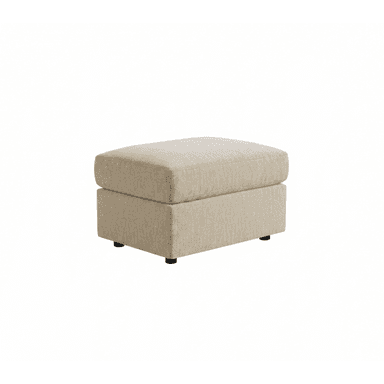 A modern, rectangular upholstered ottoman with a plush top cushion and a slightly recessed base, all covered in a light beige, textured fabric, resting on small dark feet. — 3D model (AI enhanced source)