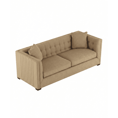 A contemporary three-seater sofa upholstered in a beige textured fabric. It features a button-tufted backrest, track arms with vertical channel tufting on the exterior, and two removable seat cushions. Two matching throw pillows are also included. The sofa rests on dark-finished block feet. — 3D model (AI enhanced source)