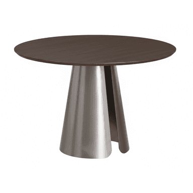 A modern round dining table featuring a dark wood top and a unique conical pedestal base made of brushed metal. The base has a split design, adding a distinctive architectural element. — 3D model (AI enhanced source)