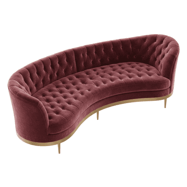 A luxurious curved sofa upholstered in deep burgundy velvet with extensive button tufting and elegant gold-toned metal accents. — 3D model (AI enhanced source)