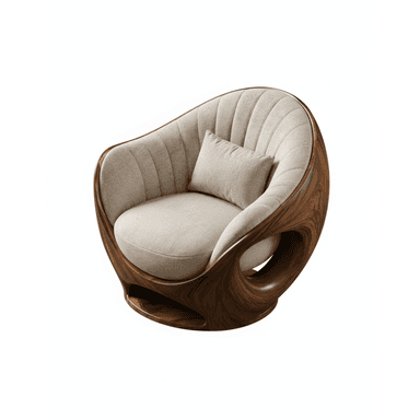 A modern lounge chair featuring a sculptural, curved dark wood frame with an open, flowing design. It has an upholstered seat, backrest, and a small lumbar pillow, all in a light beige or off-white fabric with vertical channel tufting on the backrest. — 3D model (AI enhanced source)