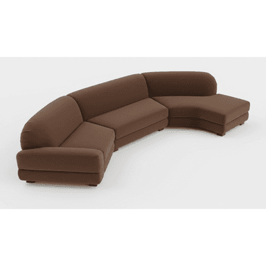 A modular, curved sectional sofa with a low profile. It features rounded armrests and backrests, and appears to be upholstered in a textured fabric. The sofa is composed of multiple sections, including corner pieces and a chaise lounge element, forming a semi-circular arrangement. The base is supported by short, dark-colored legs. — 3D model (AI enhanced source)