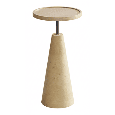 A tall, slender pedestal side table featuring a round, light-toned wooden top with a raised rim, supported by a slim dark metal stem. The stem connects to a substantial inverted conical base made of a light beige, speckled material, likely concrete or a stone composite. — 3D model (AI enhanced source)