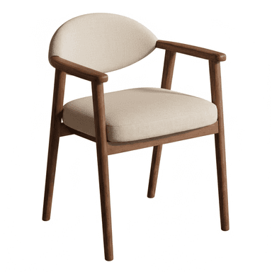 A modern armchair featuring a dark wood frame and light-colored upholstered seat and back. The backrest is rounded, and the armrests are integrated into the wooden frame, providing a sleek and comfortable design. — 3D model (AI enhanced source)