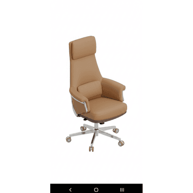 A high-back executive office chair upholstered in tan leather or high-quality faux leather. It features integrated armrests with polished chrome accents, a lumbar support cushion, and an integrated headrest. The chair sits on a chrome-finished five-star swivel base equipped with casters for mobility, with subtle wood detailing visible below the seat. — 3D model (AI enhanced source)