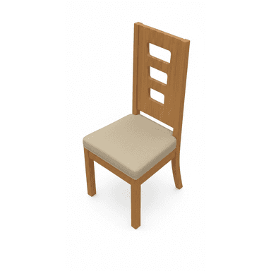 A modern dining chair constructed from light-toned wood, featuring an upholstered seat and a distinctive backrest with horizontal slats. The chair has a minimalist design with straight front legs and gently curved rear legs, providing stability and support. — 3D model (AI enhanced source)