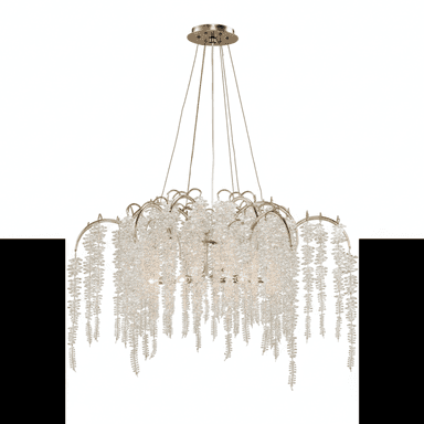 A chandelier designed to mimic cascading foliage, featuring a metallic frame from which numerous strands of clear, crystalline elements hang. The overall form is reminiscent of weeping willow branches or icicles, with light sources integrated within the upper structure to illuminate the decorative elements. — 3D model (AI enhanced source)