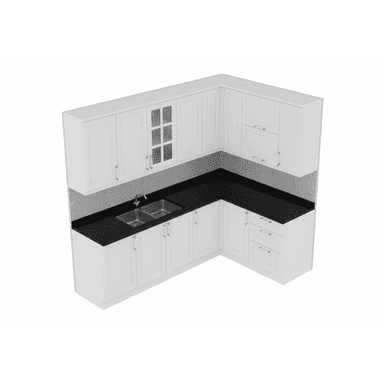 An L-shaped modular kitchen cabinet system, presented in an aerial view. It features white shaker-style cabinet doors and drawers for both upper and lower units. The lower cabinetry includes an integrated double-basin stainless steel sink within a black speckled countertop. One section of the upper cabinets features glass-front doors, providing a display option. All cabinets are equipped with simple silver-toned handles. A light grey backsplash area is visible between the upper and lower units, against a white background. — 3D model (AI enhanced source)