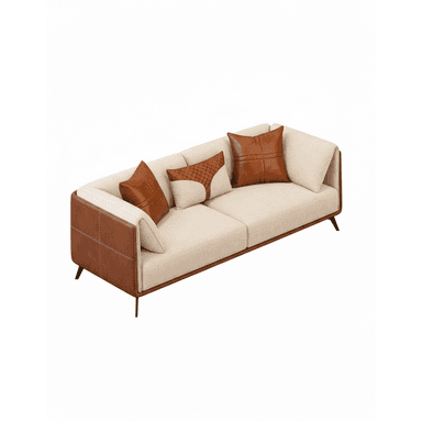 A modern two-seater sofa featuring a contrasting design with light beige fabric upholstery on the seat and back cushions, and rich brown leather-like material wrapping the exterior frame and arms. It rests on slender, dark-colored tapered legs and is accessorized with multiple throw pillows, some matching the brown material, one with a quilted pattern. — 3D model (AI enhanced source)