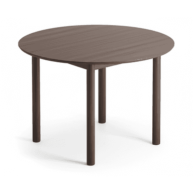 A minimalist round dining table featuring a dark brown wood finish. The table has a circular top and three sturdy, straight legs that are subtly angled for support, meeting at a central point underneath the tabletop. — 3D model (AI enhanced source)