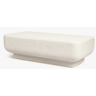 A contemporary rectangular coffee table crafted from a light-colored, textured stone-like material, featuring a low-profile design with softly rounded edges and a recessed plinth base. — 3D model (AI enhanced source)