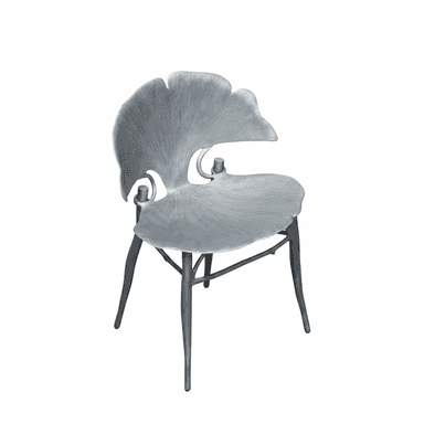 A sculptural dining chair crafted from cast metal, featuring an organic design reminiscent of a ginkgo leaf. Both the backrest and seat are shaped to mimic the characteristic fan-like form, complete with a textured, ribbed surface that suggests natural veining. The chair is finished in a uniform silver-grey tone, indicating a brushed or sandblasted metallic surface. It stands on four slender, tapered legs that seamlessly integrate into the underside of the seat, creating a cohesive and artful silhouette suitable for contemporary interiors. — 3D model (AI enhanced source)