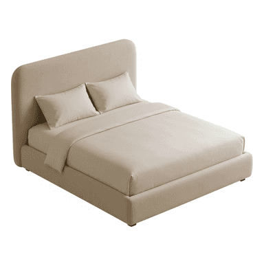 A contemporary upholstered platform bed featuring a clean, minimalist design. The bed includes an integrated headboard with softly rounded corners and a low-profile frame, all covered in a neutral beige fabric. It is shown with matching bedding and pillows. — 3D model (AI enhanced source)