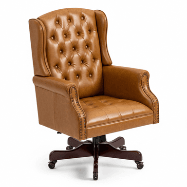 A traditional executive-style office chair featuring a wingback design, upholstered in rich cognac brown leather with deep button tufting on the backrest and individual antique brass nailhead trim. It has a five-star wooden base with casters for mobility and a swivel mechanism. — 3D model (AI enhanced source)
