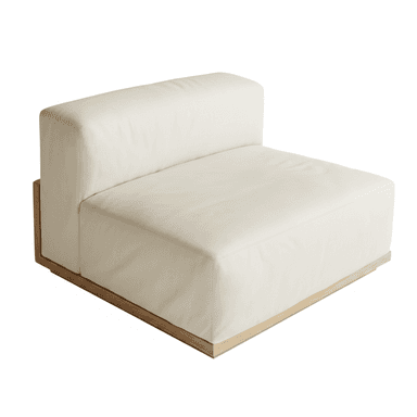 An armless modular seating unit upholstered in a light cream or off-white fabric, designed to integrate into a larger sectional sofa. It features a clean, contemporary design with plush, rectilinear cushions and a visible, recessed light-toned wood base. — 3D model (AI enhanced source)