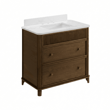 A freestanding single-sink bathroom vanity featuring a dark wood cabinet, a white marble-look countertop with an integrated rectangular sink, and a matching backsplash. The cabinet's upper section includes reeded paneling, while the lower section consists of two full-width drawers with round wooden knobs. The vanity is supported by four tapered legs. — 3D model (AI enhanced source)