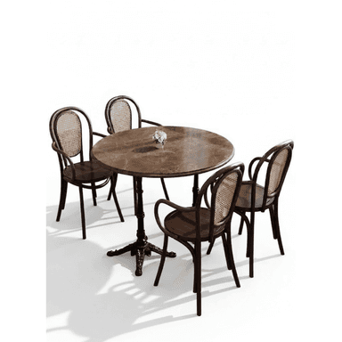A classic style dining set featuring a round table with a dark brown marble top and a black cast iron pedestal base, paired with four dark bentwood chairs with woven cane backrests. Two chairs include armrests, while two are armless. — 3D model (AI enhanced source)