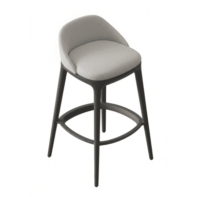 A contemporary bar stool featuring a light gray upholstered seat and a partially curved backrest, set upon a dark gray four-legged base with an integrated circular footrest. The design is sleek and minimalist, suitable for modern interiors. — 3D model (AI enhanced source)