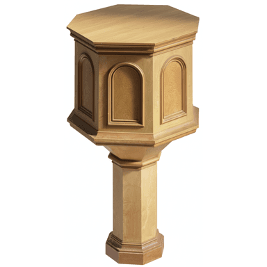 A light-toned wooden hexagonal pedestal featuring an octagonal display top. The upper section of the pedestal is hexagonal with six distinct panels, each adorned with a raised arched inset design. It is supported by a central, tapered octagonal column which transitions into a broad, stepped hexagonal base. The piece is constructed with visible wood grain and includes darker wood trim accents, indicative of traditional craftsmanship. — 3D model (AI enhanced source)