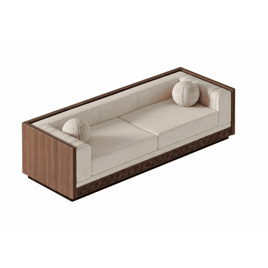 A modern sofa with clean lines and a distinctive wooden frame. The upholstery is a light, neutral fabric with a subtle geometric pattern. It features two seat cushions and two bolster pillows, also upholstered in the same patterned fabric. The base of the sofa has a decorative band with an intricate dark pattern, contrasting with the lighter upholstery and the warm wood frame. — 3D model (AI enhanced source)