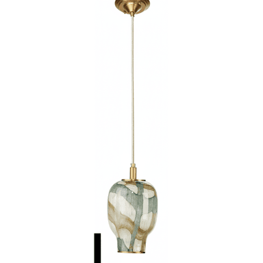 A single bell-shaped pendant light featuring a mottled art glass shade in shades of green, brown, and white, suspended by a brass cord and canopy. The light has a transitional design with contemporary art glass elements. — 3D model (AI enhanced source)