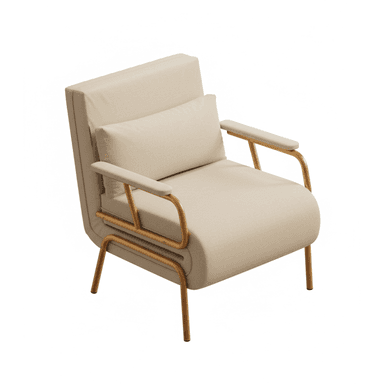 A modern armchair featuring a beige upholstered body, gold-colored tubular metal frame, and a matching lumbar pillow. — 3D model (AI enhanced source)