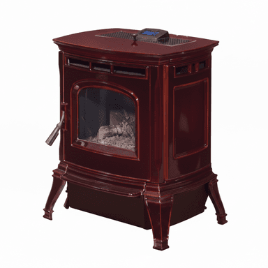A freestanding fireplace stove, characterized by its deep reddish-brown glossy finish. It features a transparent glass door on the front, revealing a simulated log set and embers within. The stove has a rectangular body with slightly curved corners and rests on four ornate, curved legs. A small digital control panel is visible on the top surface, along with ventilation grates. The overall design evokes a classic or traditional aesthetic. — 3D model (AI enhanced source)