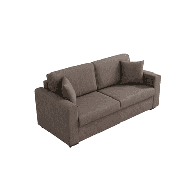 A contemporary three-seater sofa, likely a sofa bed, upholstered in a brown/taupe fabric with a minimalist design, featuring square arms, loose back cushions, and two accent pillows. — 3D model (AI enhanced source)