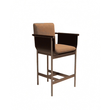 A contemporary bar stool featuring a bronze-toned metal frame, a dark brown curved back and armrest element, and a tan upholstered fabric seat cushion. The design is minimalist and modern, with an integrated footrest. — 3D model (AI enhanced source)