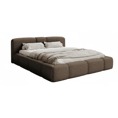 A contemporary low-profile platform bed upholstered in a dark brown bouclé-like fabric, featuring a softly rounded, segmented headboard and a thick, padded frame. The design emphasizes comfort and a plush aesthetic, with a mattress, pillows, and a throw blanket visible on the bed. — 3D model (AI enhanced source)