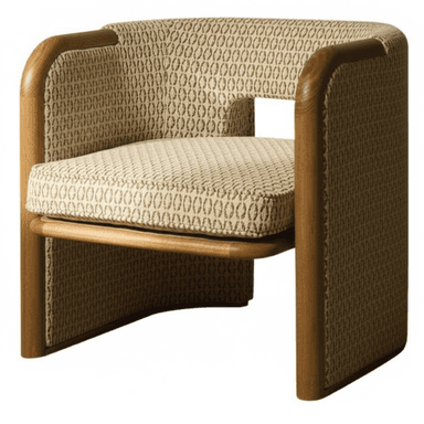 A contemporary armchair featuring a distinctive rounded wooden frame that defines its silhouette. The frame forms the arms and wraps around the back, cradling upholstered panels. A separate, removable seat cushion rests within the frame. The fabric features a subtle geometric woven pattern in beige and light brown tones. — 3D model (AI enhanced source)