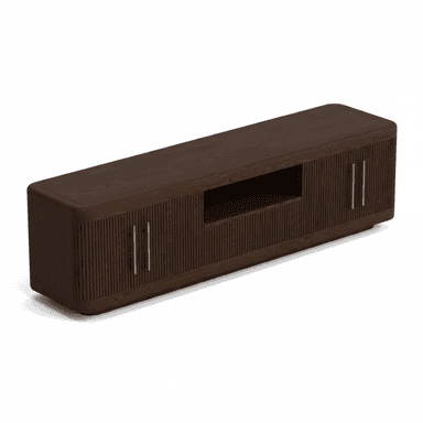 An elongated, low-profile media console crafted from dark wood with a distinct fluted or reeded texture across its cabinet doors. It features a central open compartment for media devices, flanked by two closed cabinets, each with vertically oriented brass bar pull handles. The console has gently rounded edges, lending it a soft, contemporary silhouette. — 3D model (AI enhanced source)