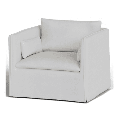 A modern, white upholstered armchair featuring a deep, comfortable seat, wide track arms, and a skirted base. It includes a loose back cushion and a small lumbar pillow for added support and comfort. The design emphasizes clean lines and a plush aesthetic. — 3D model (AI enhanced source)