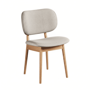 A modern Scandinavian dining chair featuring a light wood frame and light grey upholstered seat and backrest. The chair has clean lines with subtly splayed, tapered legs. Both the seat and the backrest are softly rounded and padded, offering a comfortable and minimalist design. — 3D model (AI enhanced source)