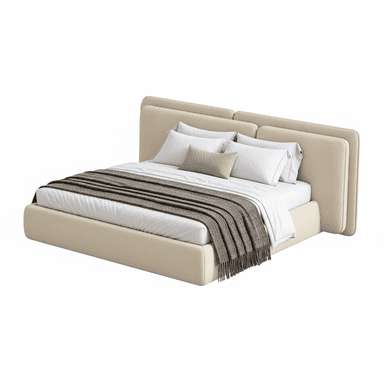 A modern platform bed featuring a fully upholstered frame and a distinctive, integrated headboard. The headboard consists of two thick, rounded, padded panels that extend beyond the width of the mattress. The entire bed, including the frame and headboard, is upholstered in a light beige or cream-colored fabric, conveying a soft and inviting aesthetic. The bed is styled with white bedding, a textured brown throw blanket, and an assortment of pillows. — 3D model (AI enhanced source)