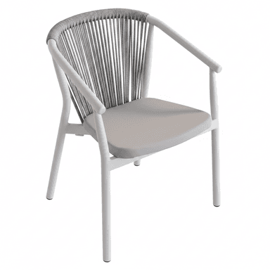 A modern armchair with a white frame and a woven rope backrest. It features a cushioned seat in a light grey fabric. The armrests are integrated into the frame, and the legs are slender and cylindrical. — 3D model (AI enhanced source)