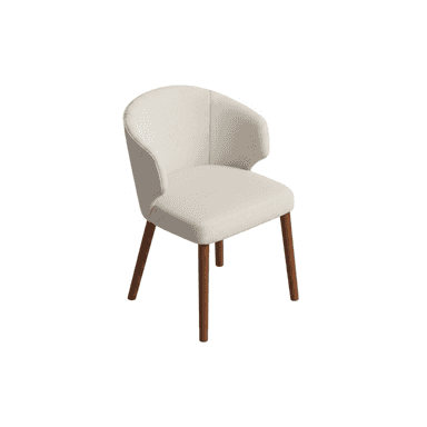 A contemporary upholstered armchair featuring a continuous, curved backrest that seamlessly transitions into integrated armrests. The chair is fully upholstered in a light, neutral-toned fabric, likely cream or off-white. It stands on four slender, round, and outwardly tapered wooden legs with a dark brown finish. The overall design emphasizes a compact and modern aesthetic. — 3D model (AI enhanced source)