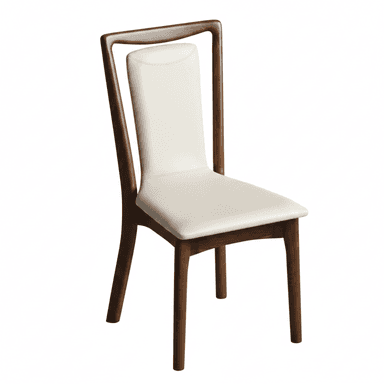 A contemporary dining chair featuring a rich, dark walnut-stained wooden frame and a light cream-colored upholstered seat and backrest. The backrest forms a distinctive U-shaped element that seamlessly integrates into the rear legs, creating a sleek silhouette. The front and rear legs are slender and slightly tapered. — 3D model (AI enhanced source)
