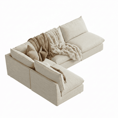 An L-shaped modular sectional sofa upholstered in a light beige, textured fabric, featuring plush, loose seat and back cushions. The sofa includes two throw pillows and two blankets in complementary brown and cream tones, suggesting a focus on comfort and a relaxed, contemporary aesthetic. — 3D model (AI enhanced source)