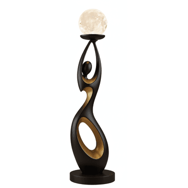 A tall, sculptural floor lamp featuring an abstract, curvilinear base in matte black with internal metallic gold accents, culminating in a spherical, textured light source. The base resembles a stylized figure holding up the illuminated orb. — 3D model (AI enhanced source)