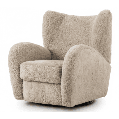 A modern armchair upholstered in a textured, light beige, fluffy boucle-like fabric, featuring generously padded armrests, a high backrest with subtle winged detailing, and a visible black swivel base. — 3D model (AI enhanced source)