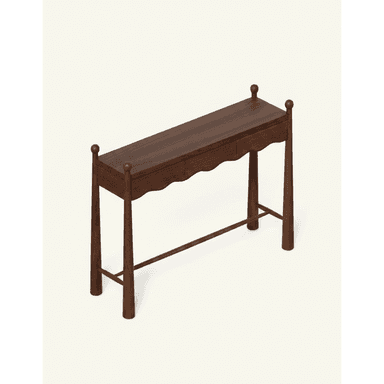 A long and narrow dark brown wooden console table featuring a rectangular top. It includes two drawers with distinctive scalloped front panels. The table is supported by four turned, tapering legs that extend above the tabletop, each topped with a spherical finial. A horizontal stretcher bar connects the legs near the base, providing stability. — 3D model (AI enhanced source)