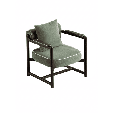 A modern lounge chair featuring a dark-stained exposed wood frame, upholstered in a green textured fabric. It includes a rounded seat cushion, a cylindrical bolster backrest, and a loose square back cushion, all with white contrast piping. The armrests are flat, topped with wooden caps. — 3D model (AI enhanced source)