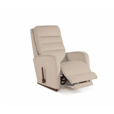 A contemporary recliner chair in a light beige or cream fabric, featuring an extended footrest and a visibly comfortable, padded design. The backrest shows horizontal tufting for added detail and support. A distinct wooden lever is positioned on the right side of the chair for activating the recline mechanism. The lower portion of the chair, including a visible base trim, appears to be made of a dark wood or wood-look material, complementing the neutral upholstery. — 3D model (AI enhanced source)