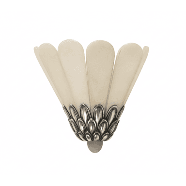 An Art Deco-style wall sconce featuring a fan-shaped shade composed of multiple translucent, off-white panels, likely alabaster. The shade is supported by an ornate cast metal base with a scalloped, leaf-like design and an antiqued silver or pewter finish. The fixture is designed for wall mounting. — 3D model (AI enhanced source)