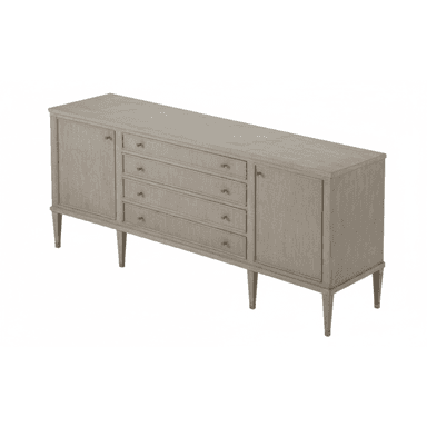 A long, low contemporary sideboard featuring a greige-colored linen or grasscloth-like textured finish. It has two cabinet doors, one on each end, flanking four central drawers. All drawers and doors are equipped with small brass knob pulls. The piece is supported by four slender, tapered legs, each tipped with a brass ferrule. — 3D model (AI enhanced source)