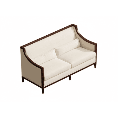 A two-seater sofa featuring a distinctive exposed dark wood frame that outlines the back and arms. The sofa is upholstered in a light cream or off-white fabric, presenting a clean and elegant appearance. It includes two plush seat cushions and two matching bolster pillows for added comfort. The back and arms rise gracefully, curving outwards slightly at the top, and the frame extends down to form four tapered legs. — 3D model (AI enhanced source)