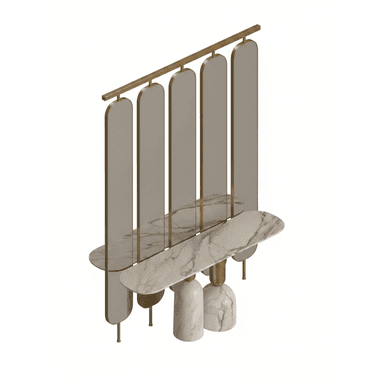 An elegant and contemporary console table featuring a luxurious white marble tabletop with grey veining. The table is supported by two substantial, rounded marble bases with brass accents. Integrated into the design is a tall, decorative screen composed of multiple vertical, rounded-edge panels, likely made of frosted glass or acrylic, framed in polished brass. A horizontal brass bar connects the top of these panels, unifying the structure. The overall aesthetic is one of sophisticated modernism with Art Deco influences, designed to serve both as a display surface and a subtle room divider. — 3D model (AI enhanced source)