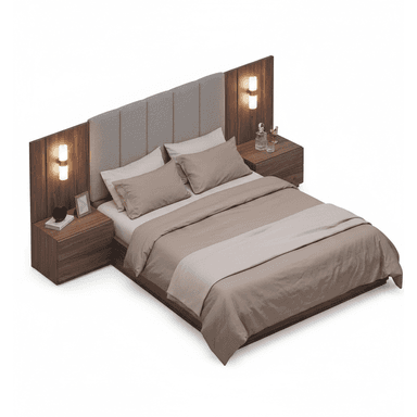 A modern platform bed with an integrated headboard that extends to include attached nightstands and wall sconces. — 3D model (AI enhanced source)