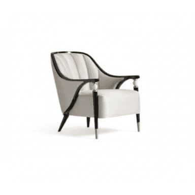 An elegant armchair featuring a cream-colored upholstered seat and back, framed by a dark, possibly lacquered, wood structure. The backrest is vertically channel tufted, and the armrests have decorative elements, possibly polished metal or carved accents. The chair stands on four tapered legs, each tipped with a silver-colored metal cap. — 3D model (AI enhanced source)